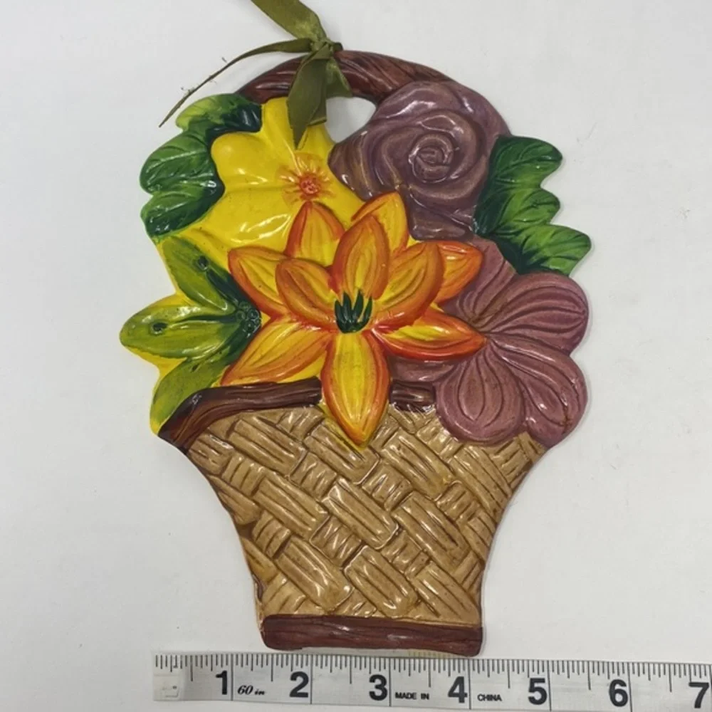 Vintage Ceramic Floral Basket Wall Hanging Decor Hand Painted